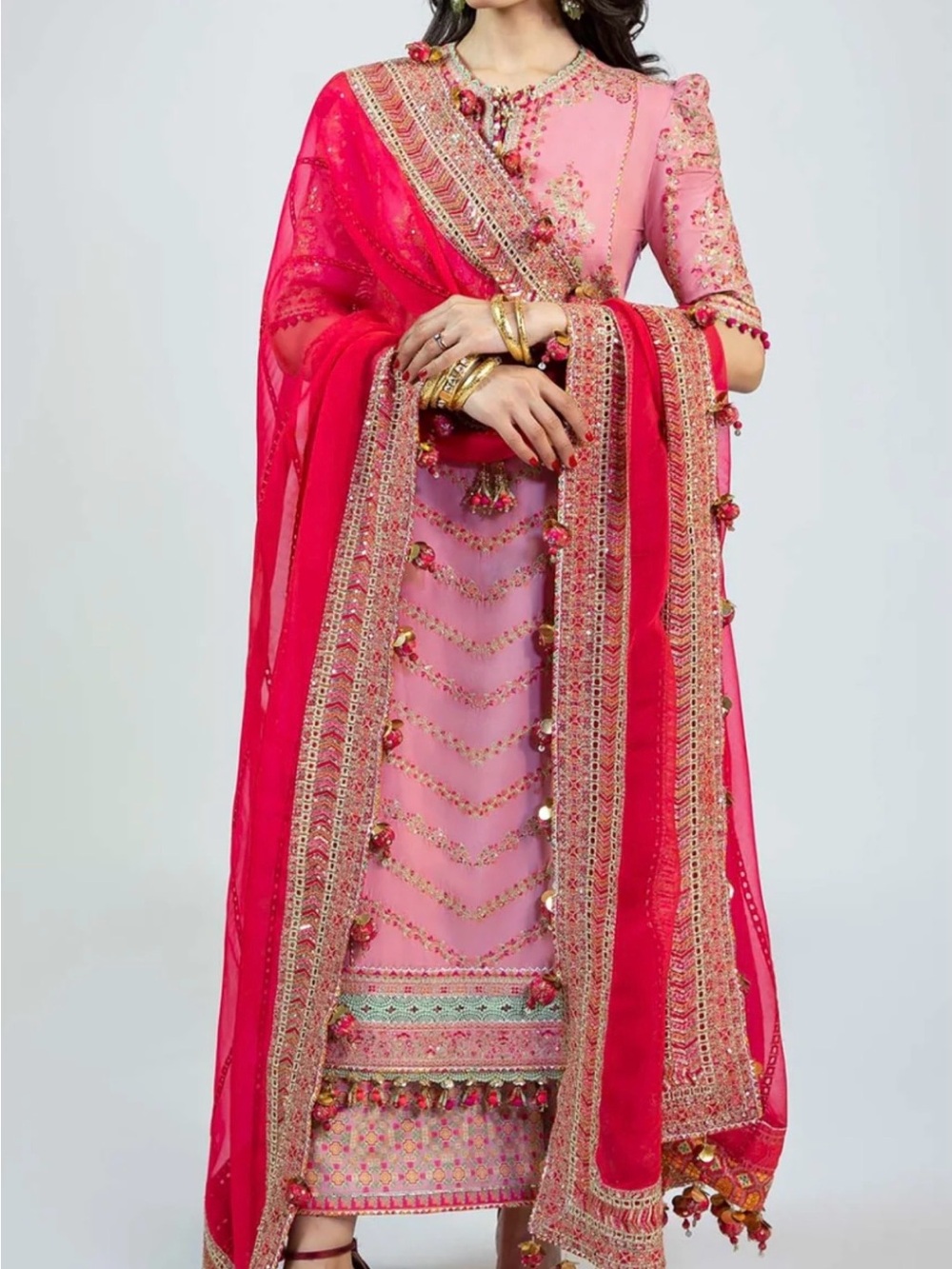 Embroidered Pink Long-Sleeve Women's Dress with Contrasting Dupatta - Picture 2 of 10